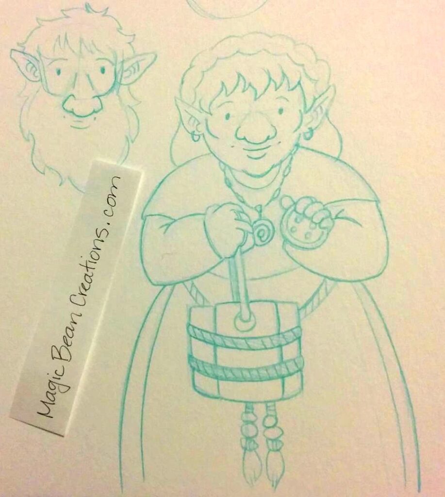 A sketch of a faerie that collects buttons in their small pail.