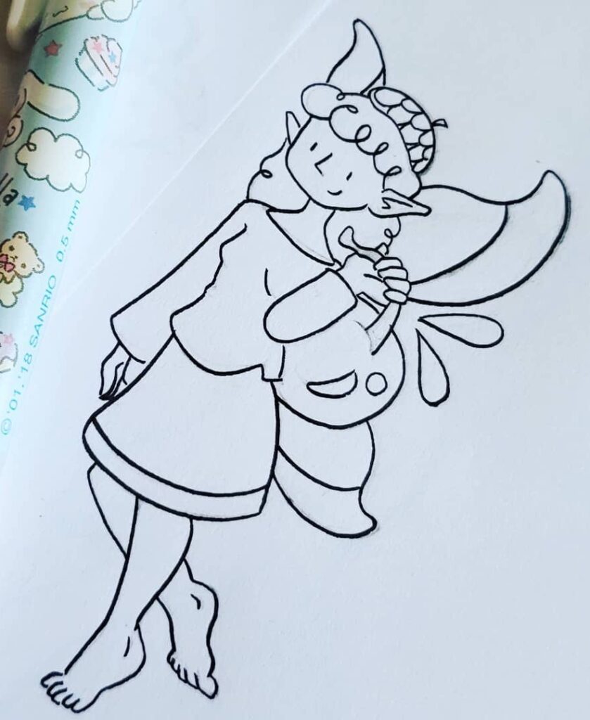 A tiny sketch of a cherry carrying faerie with an acorn cap hat.