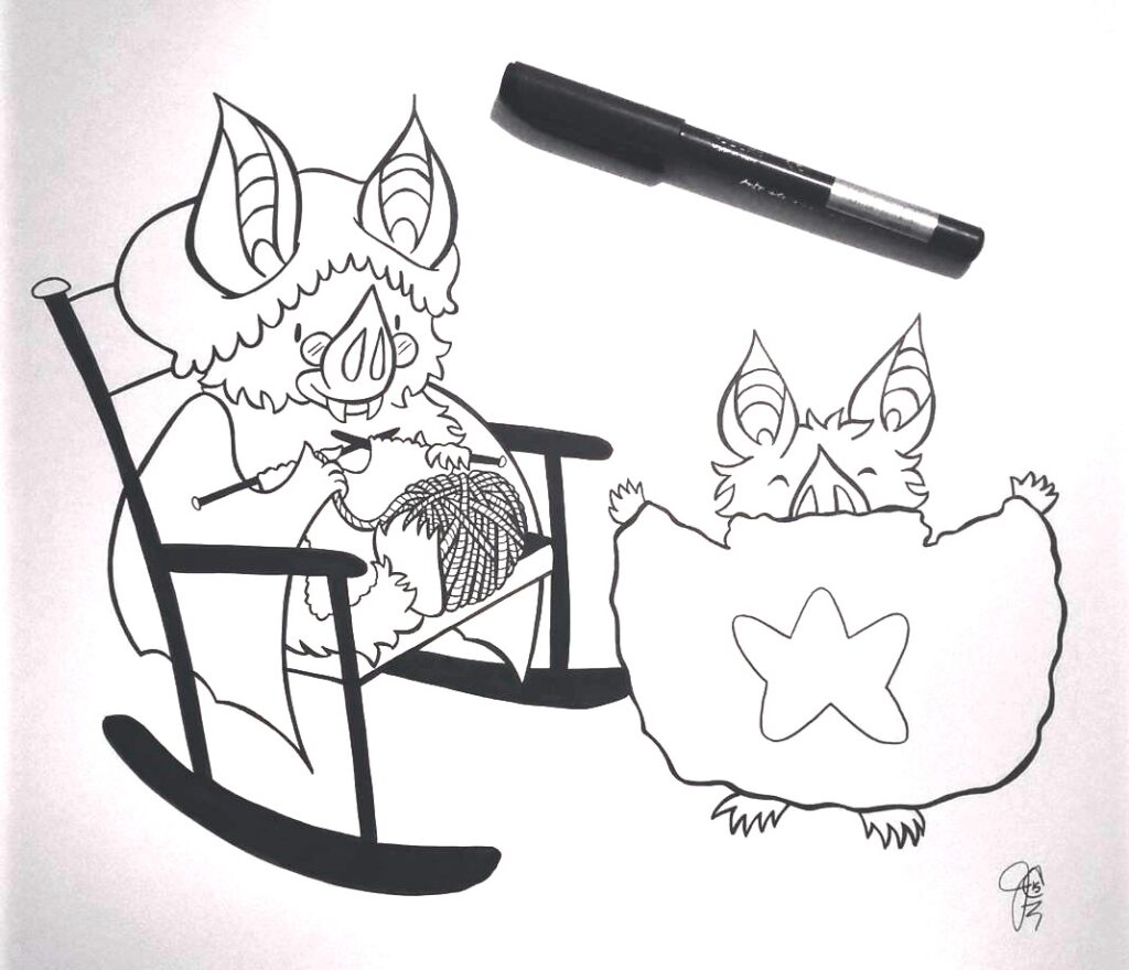 Little Bat illustration series with Grandma Bat knitting Little Bat a new sweater