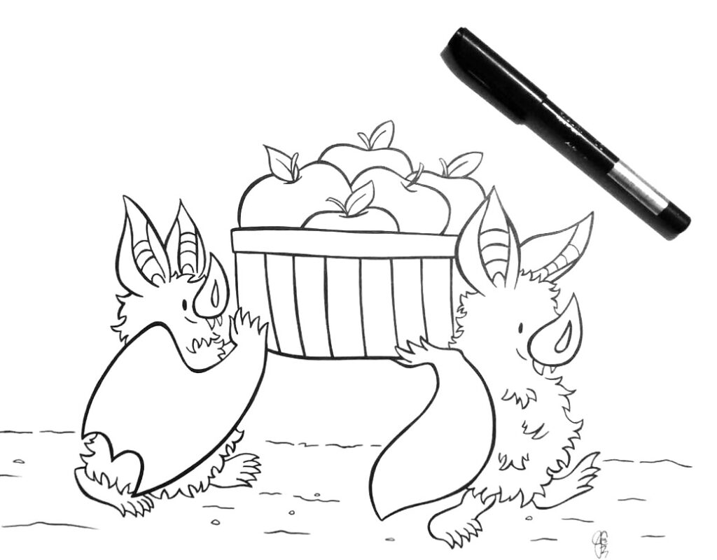 Little Bat illustration series with Little Bat gathering apples with a friend