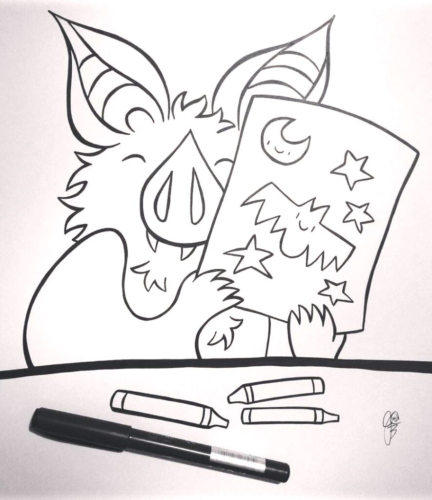 Little Bat illustration series with Little Bat loving craft time