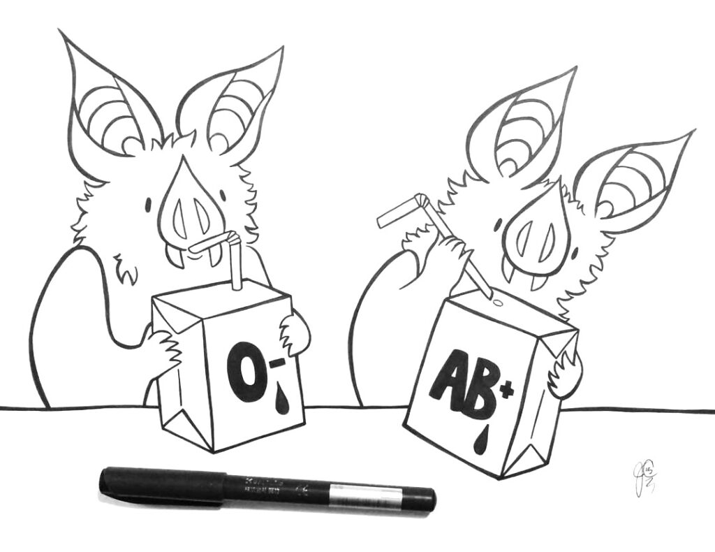 Little Bat illustration series with Little Bat and friend drinking some blood-boxes