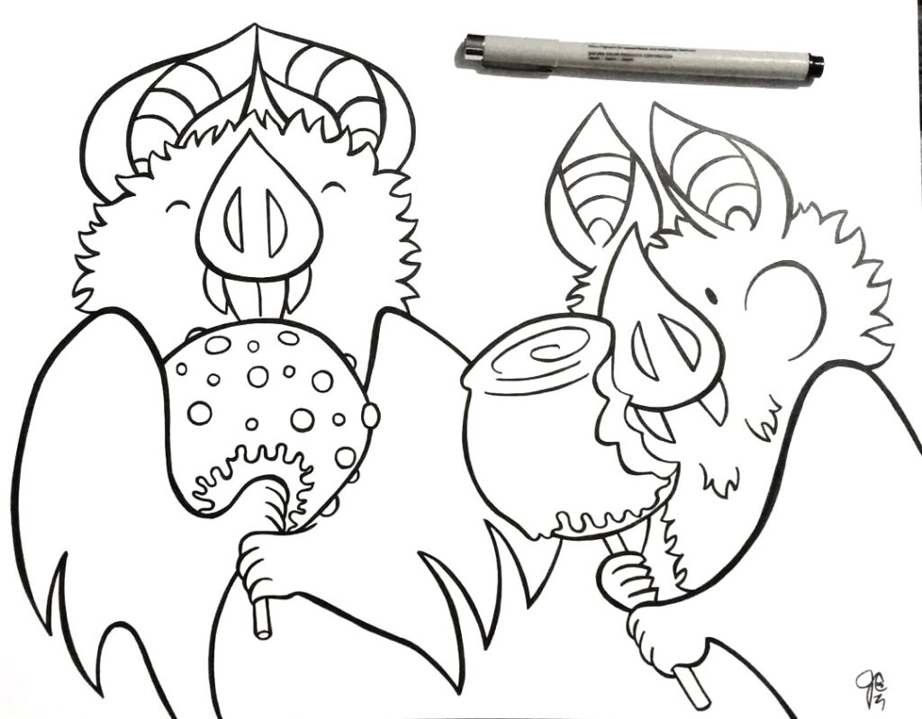 Little Bat illustration series with Little Bat and friend with some delicious candied apples