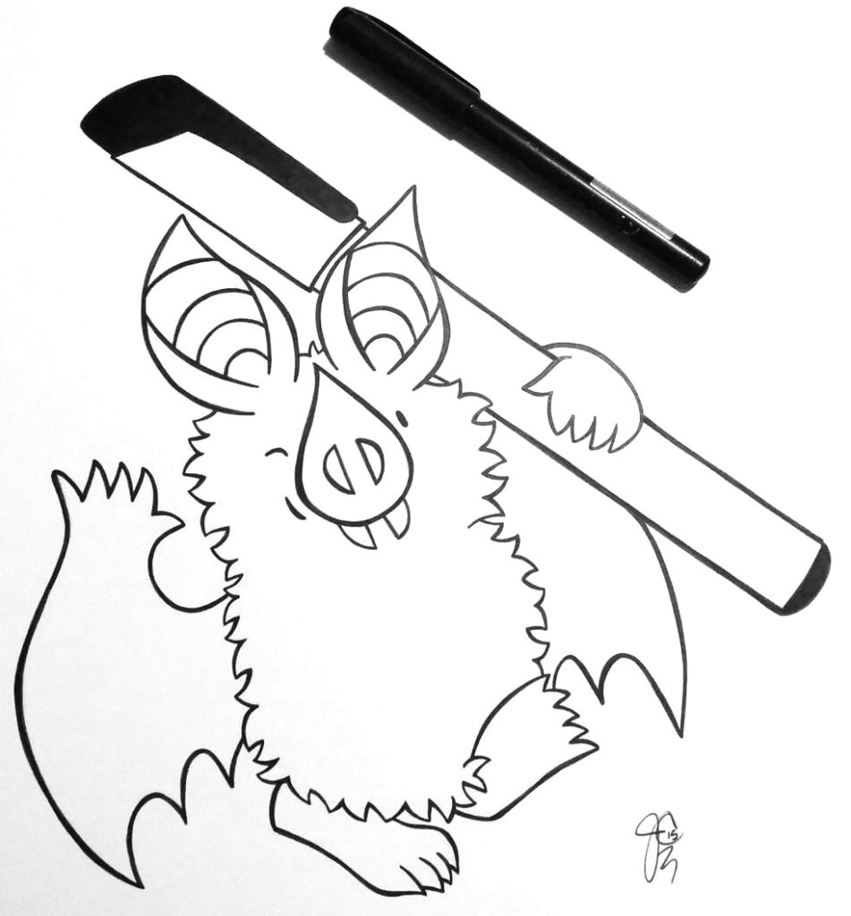 Little Bat illustration series with Little Bat playing with an inking pen