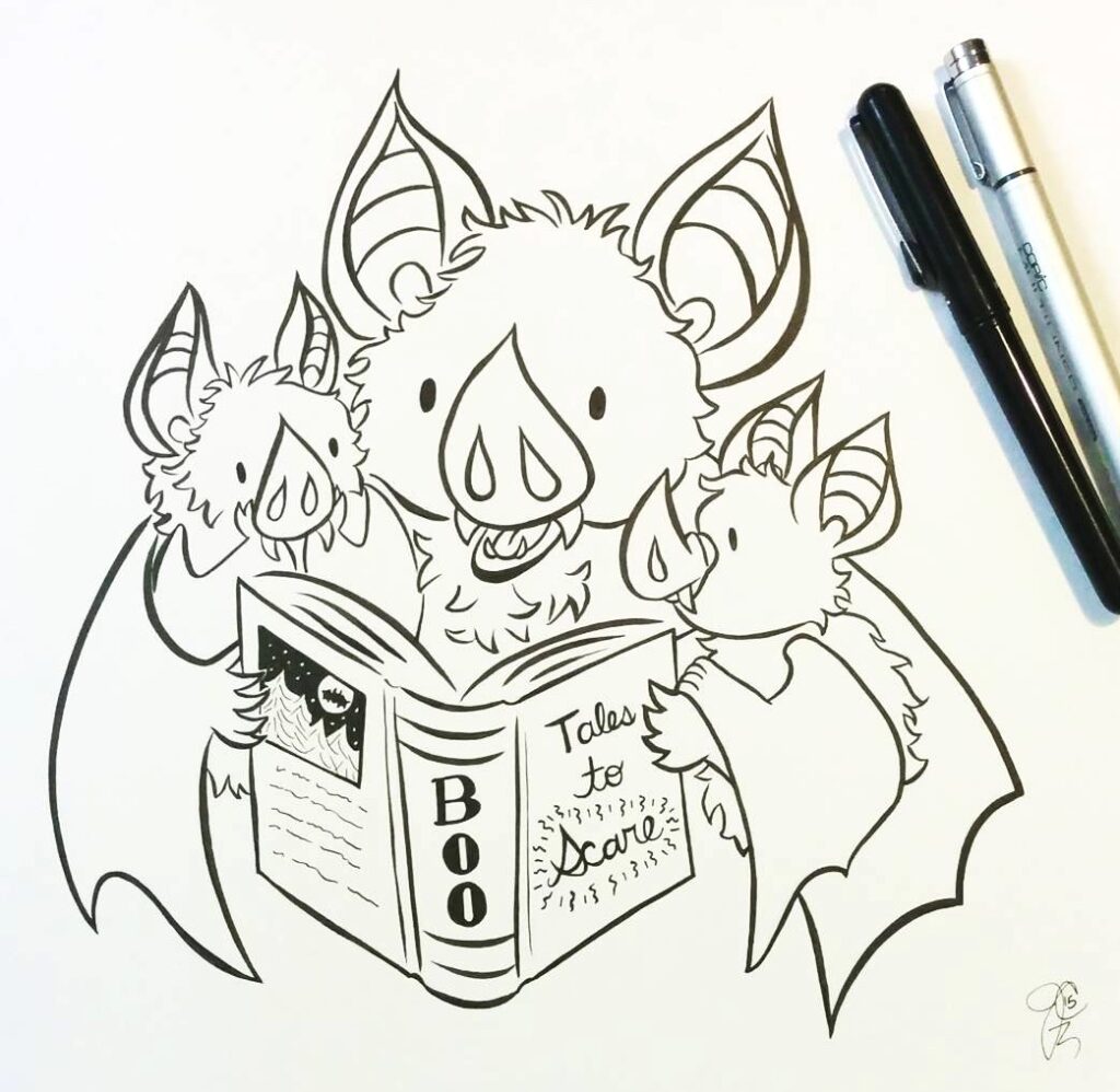 Little Bat illustration series with Little Bat with family enjoying a scary story