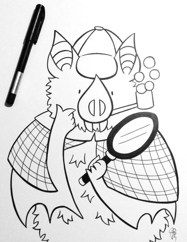 Little Bat illustration series with Little Bat dressed as Sherlock Holmes