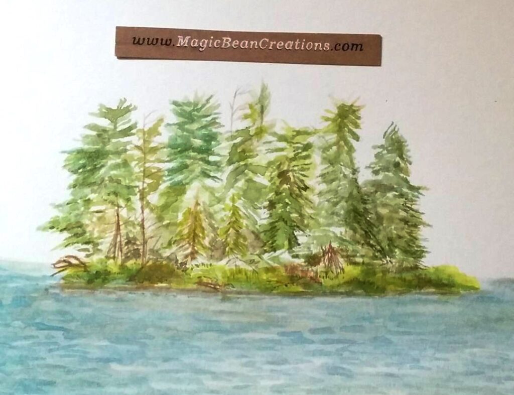 Plein air watercolour of an island on the Ottawa River