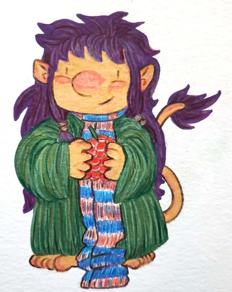 Raspberry Faerie smiling holding her favourite fruit illustrated with markers and colour pencil