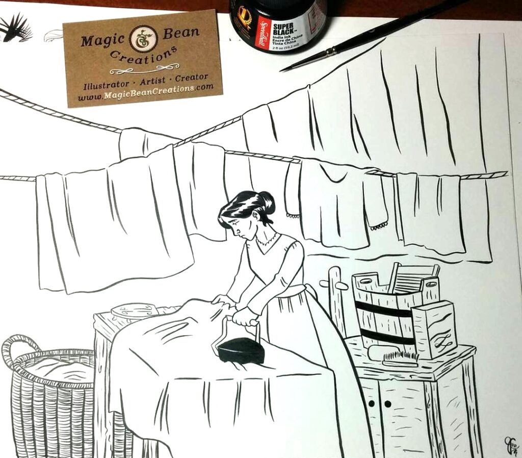 Victorian laundry being done by a very tired washerwoman surrounded by laundry and supplies illustrated in ink